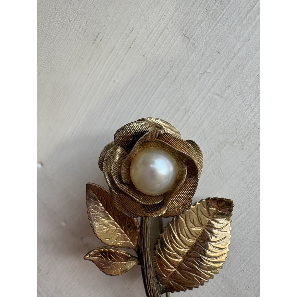 Vintage 4 Winard 12k Yellow GF Rose Brooch Pin Faux Pearl Signed - Picture 2 of 10